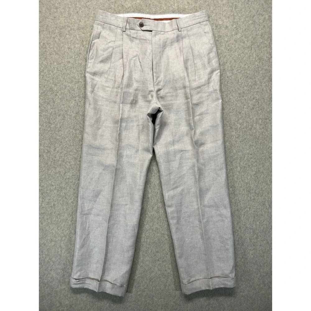Bullock & Jones Mens Linen Pleated Dress Pants Beige Tan Cuffed Size‎ 36